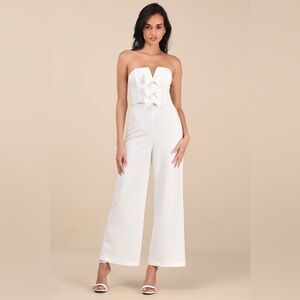 NWT Lulus Opulent Outlook White Bow Strapless Wide-Leg Jumpsuit